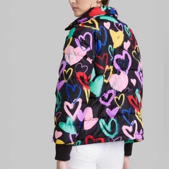 Wild Fable Womens Puffer Jacket Black With Colored Hearts Size M - Picture 3 of 14